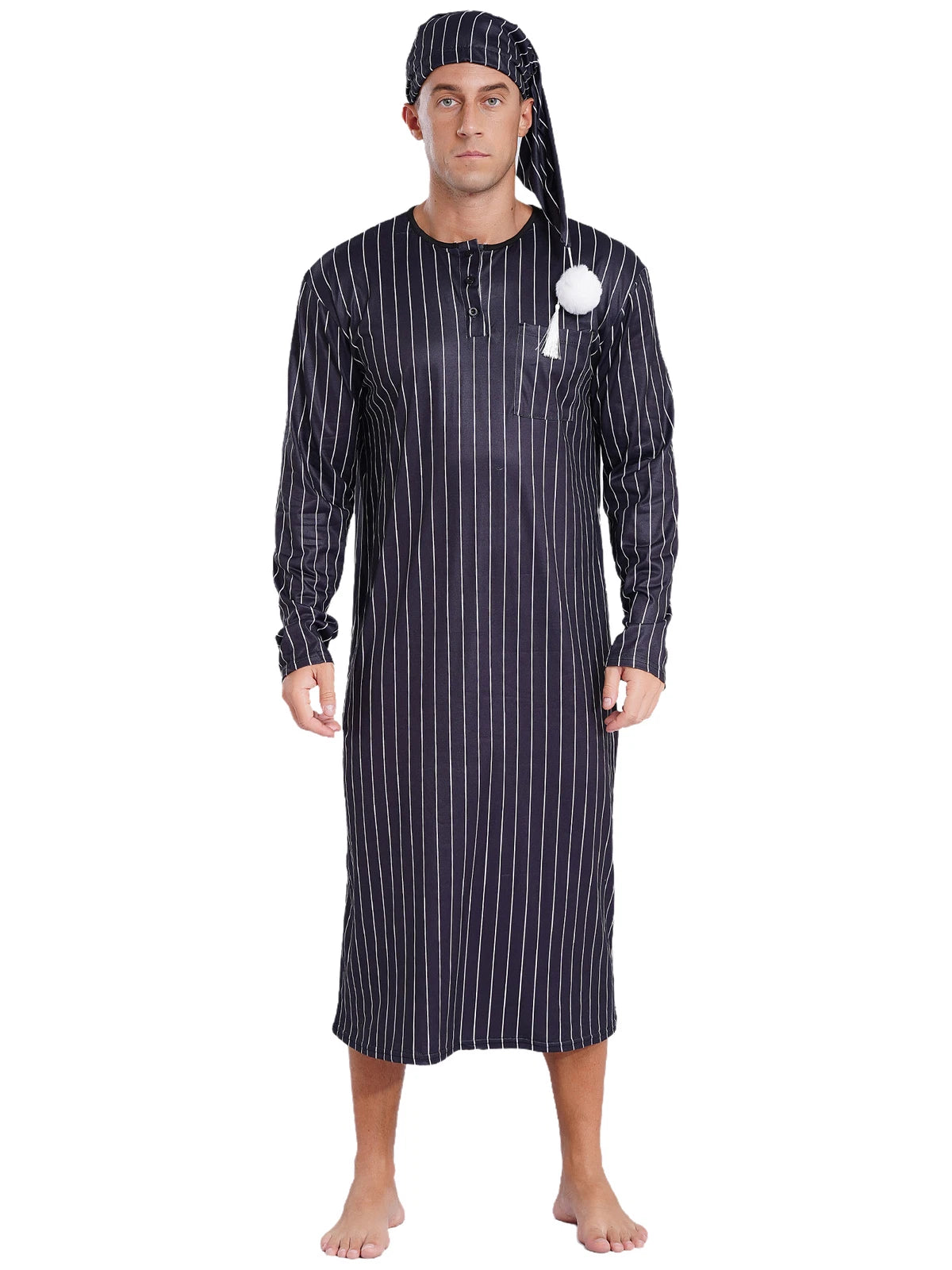 Men's Sissy Nightwear Loose Striped Robe Long Sleeve Nightshirt Cap Pajama Sets
