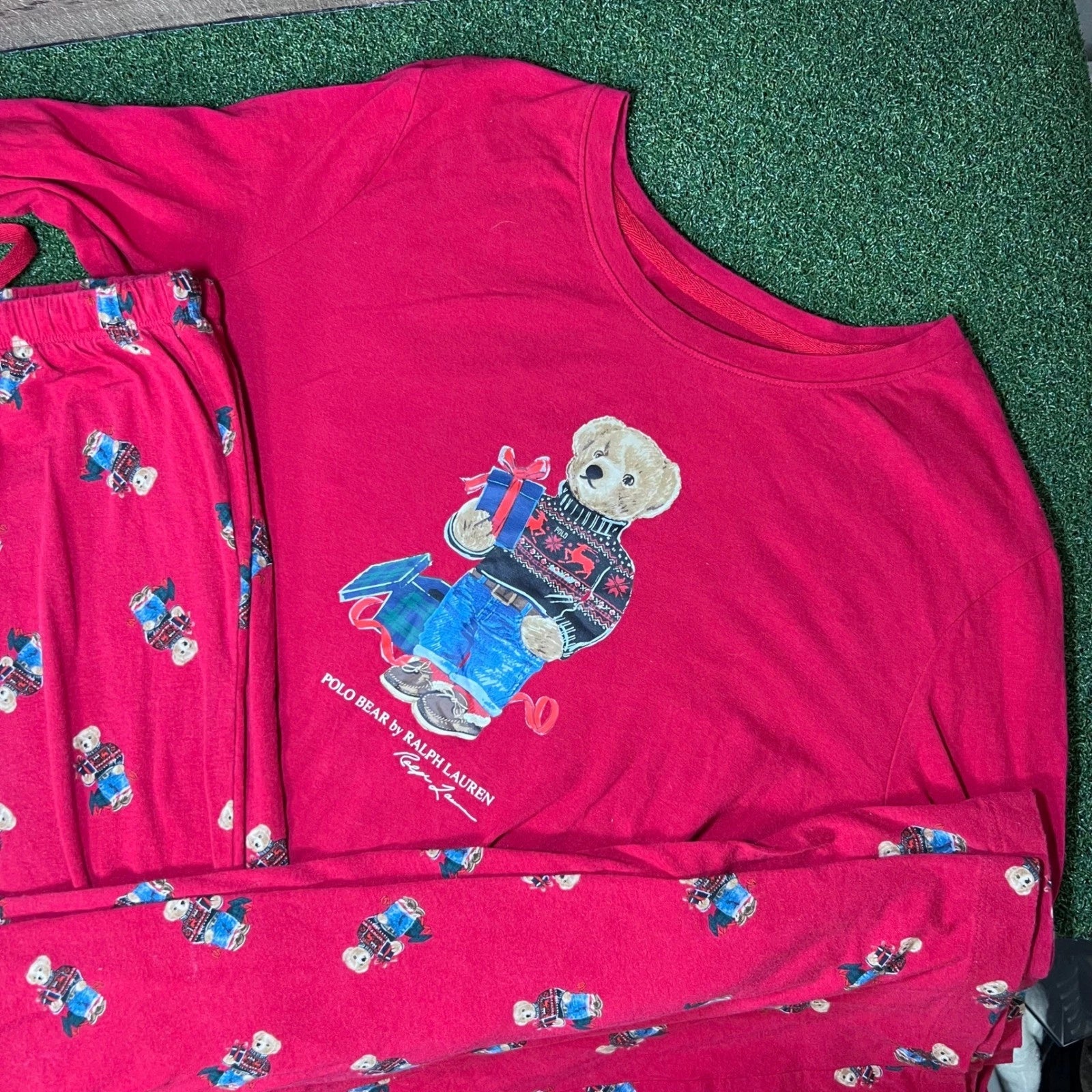 Polo Ralph Lauren Bear Pajama Set Mens Medium Red Long Sleeve lounge Sleepwear