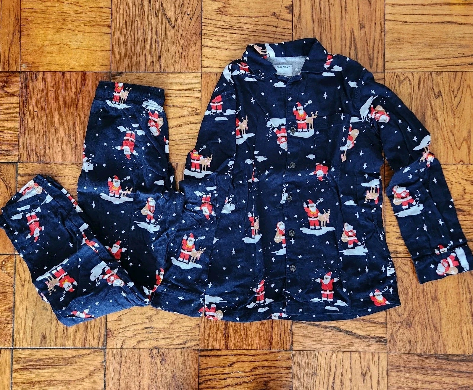 Old Navy Printed Flannel Pajama Set Men's S Small Christmas Print Santa Navy