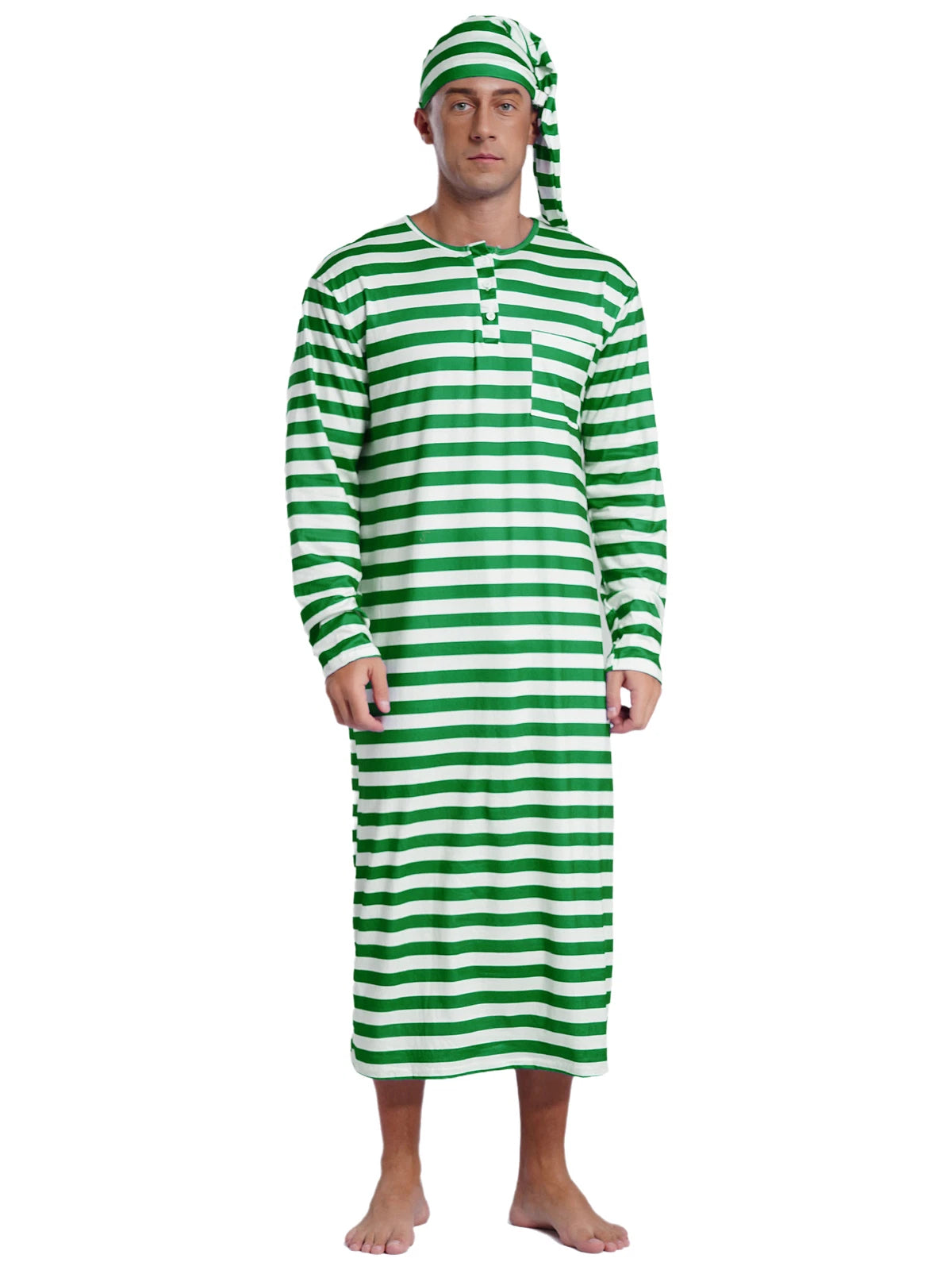 Men's Nightshirt Striped Loose Sleepwear Night Pajama Set Robe with Sleeping Cap