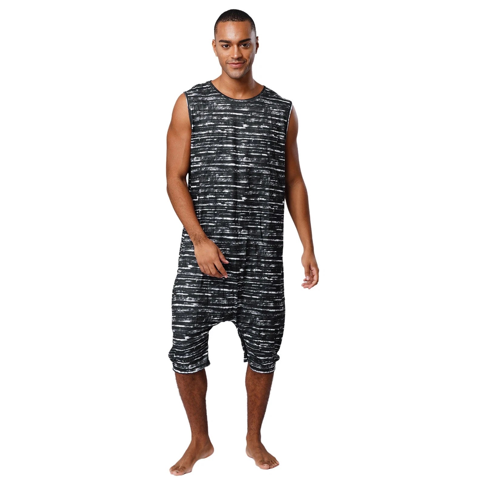 Men's Loose Romper Pajamas Jumpsuit Sleepwear Zipper Crotch One Piece Bodysuit