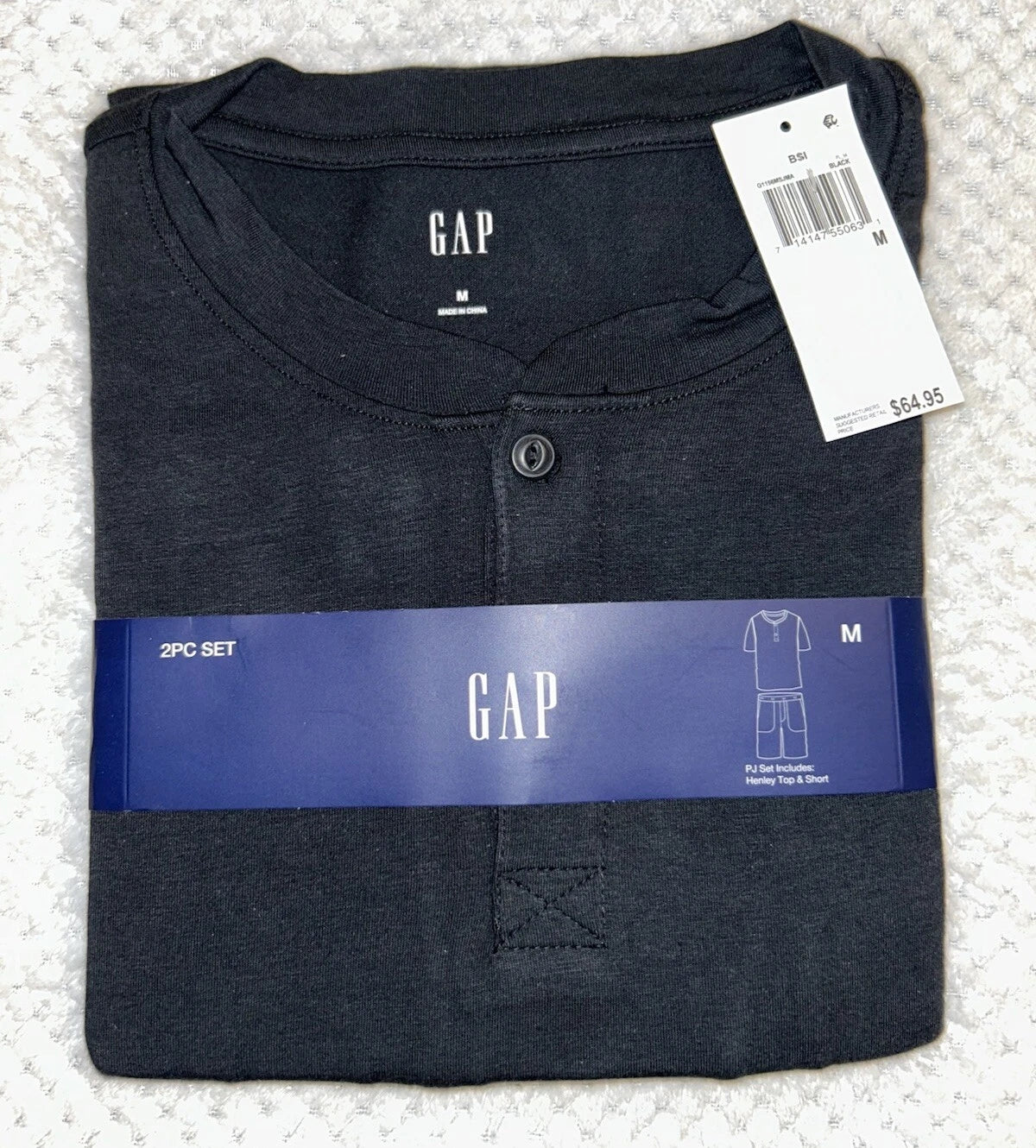 GAP Men's 2-Pc. Heathered Henley Shirt & Shorts Pajama Set. Medium. Black. New