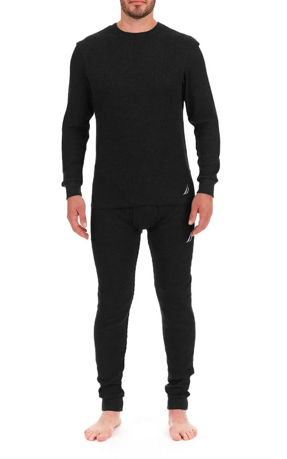 Nautica Mens Medium Black Long Sleeve Base Layer Set Crewneck Waffle Thermal NEW
