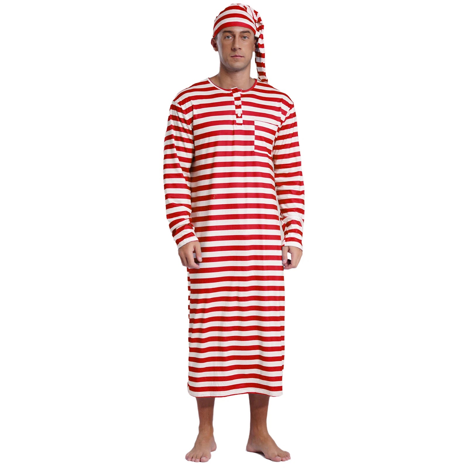 Men's Nightshirt Striped Loose Sleepwear Night Pajama Set Robe with Sleeping Cap