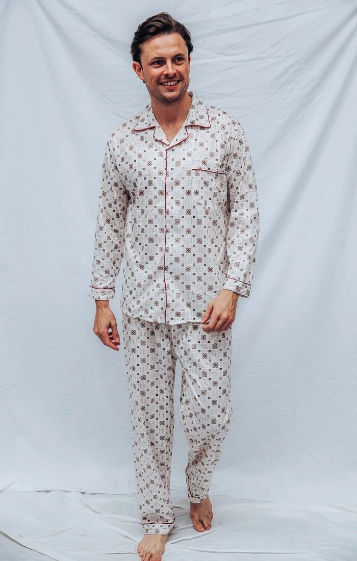 Mens Brown Checks Long Sleeve Lightweight Cotton Long Pjs Pyjama Set