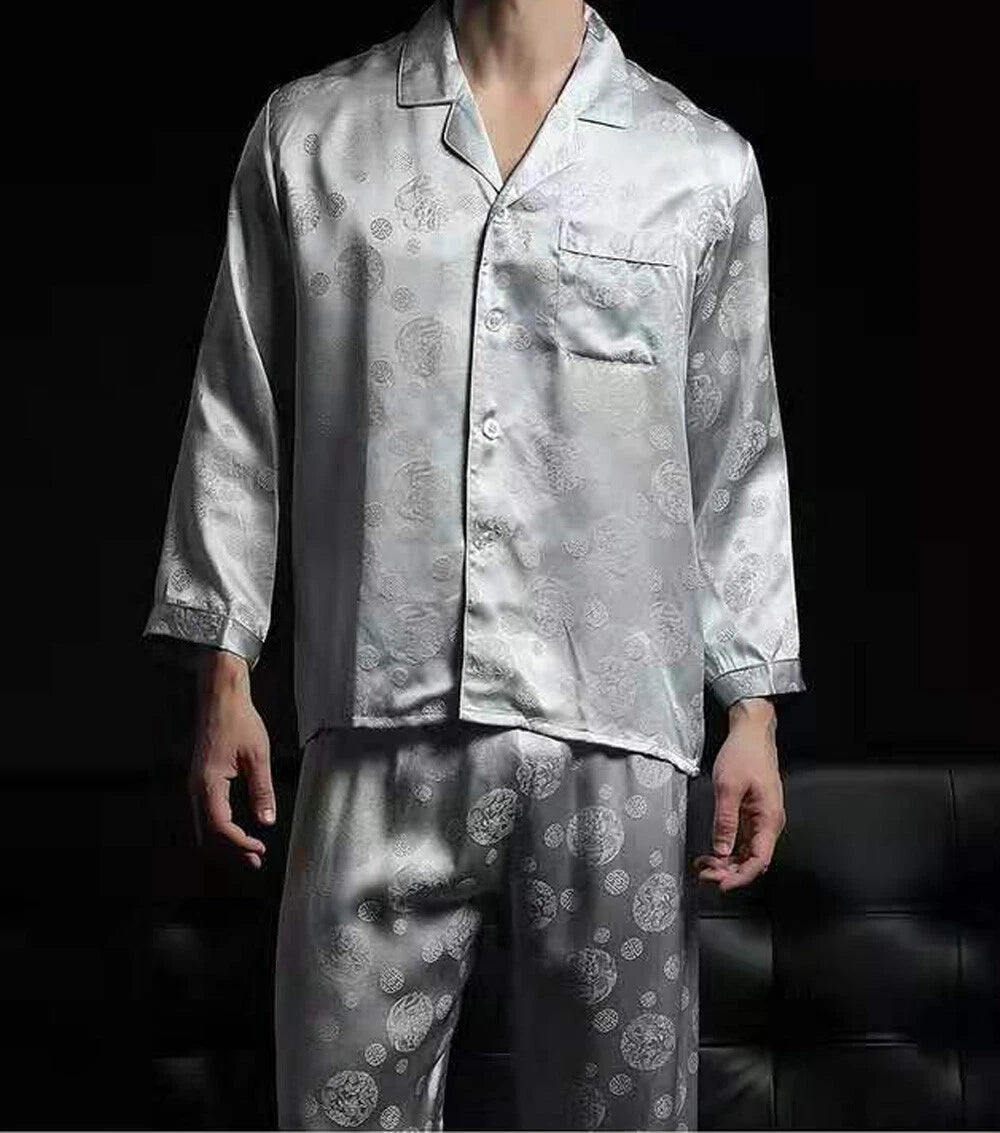 Men's 100% Mulberry Silk Pajamas Set Long Sleeves Silk Sleepwear S M L
