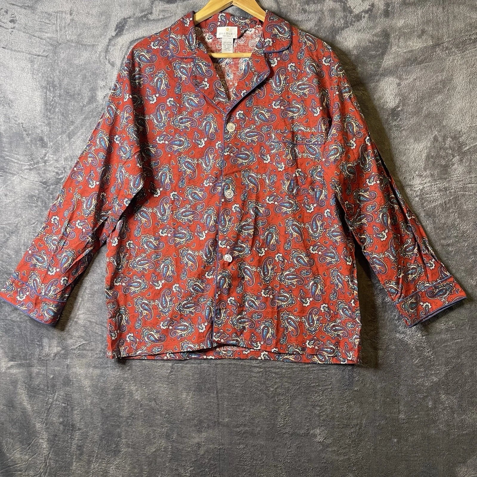 Bill Blass Men’s Pajama Set 2 Piece Paisley Print Blue Red Large 100% Cotton