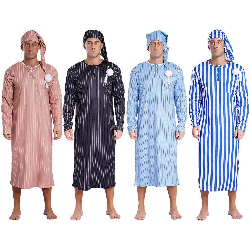 Men's Sissy Nightwear Loose Striped Robe Long Sleeve Nightshirt Cap Pajama Sets
