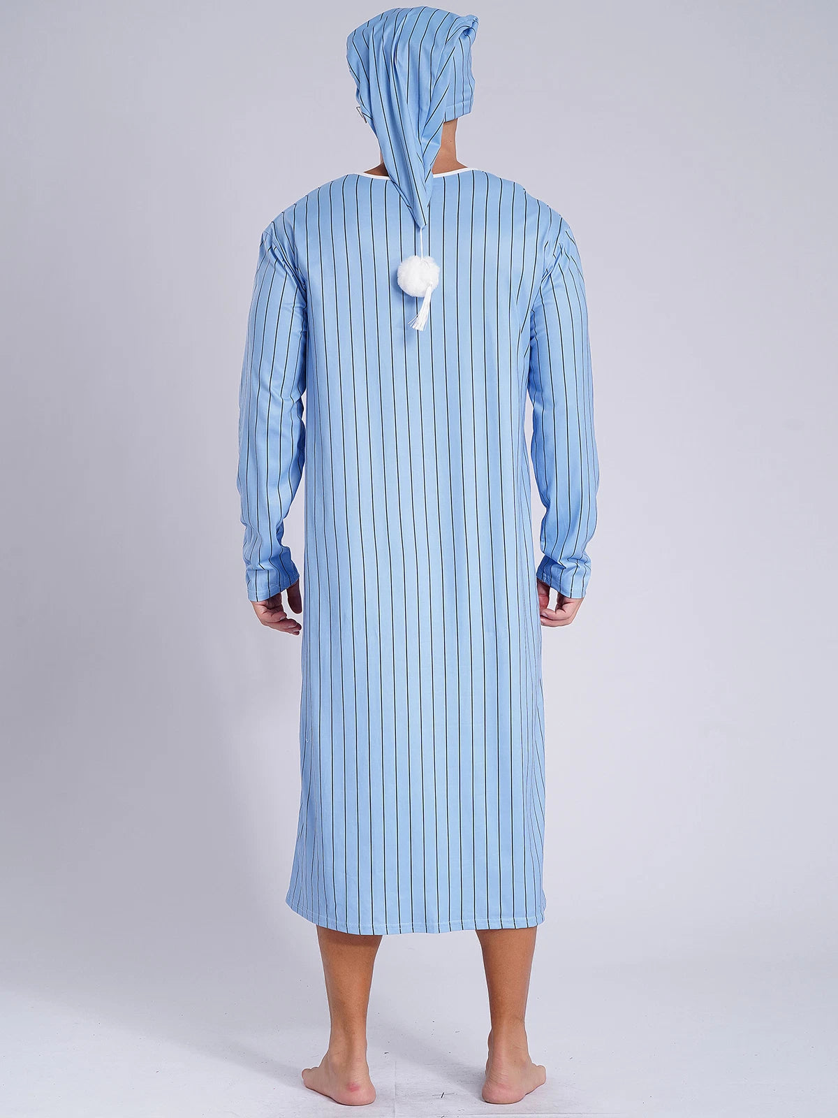 Men's Sissy Nightwear Loose Striped Robe Long Sleeve Nightshirt Cap Pajama Sets
