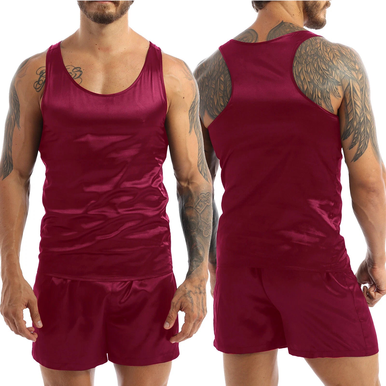 Mens Satin Pajamas Set Sleeveless Tank Top with Shorts Sleepwear Nightwear