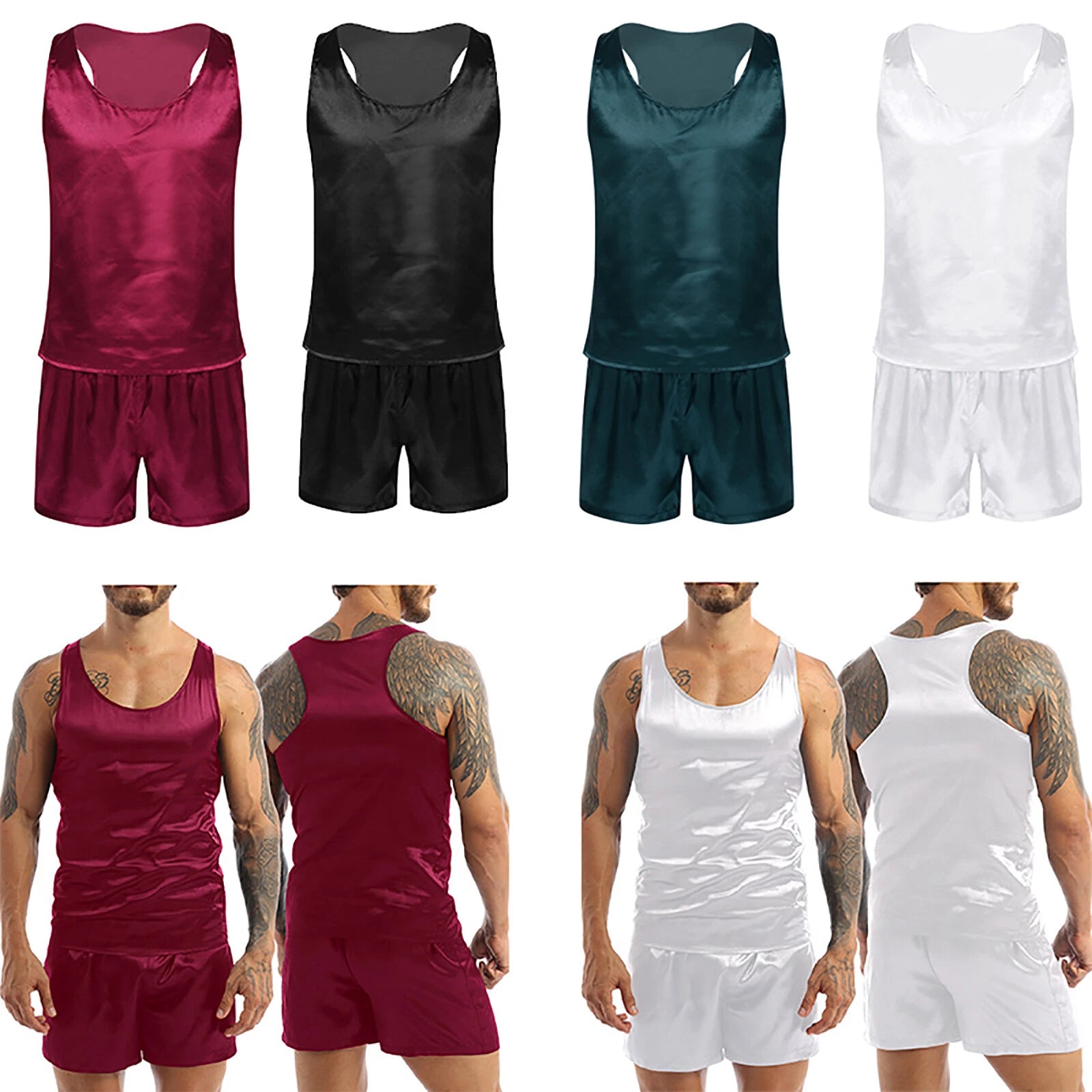 Mens Satin Pajamas Set Sleeveless Tank Top with Shorts Sleepwear Nightwear