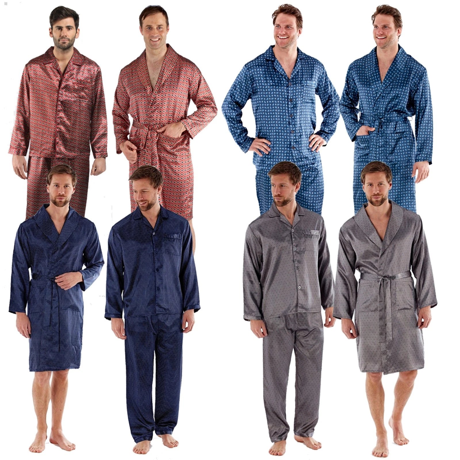 Men's Luxury Silky Satin Printed Pyjama Sets  Kimono Gown Size M up to 2XL Gift