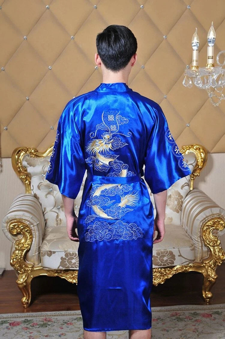 Bathrobe Men Satin Silk Robe Embroidery Dragon Kimono Sleepwear Fashion Style