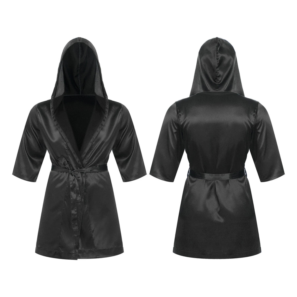 Men's Silk Satin Pajamas Hooded Bathrobe with Belted Set Bath Robe Sleepwear