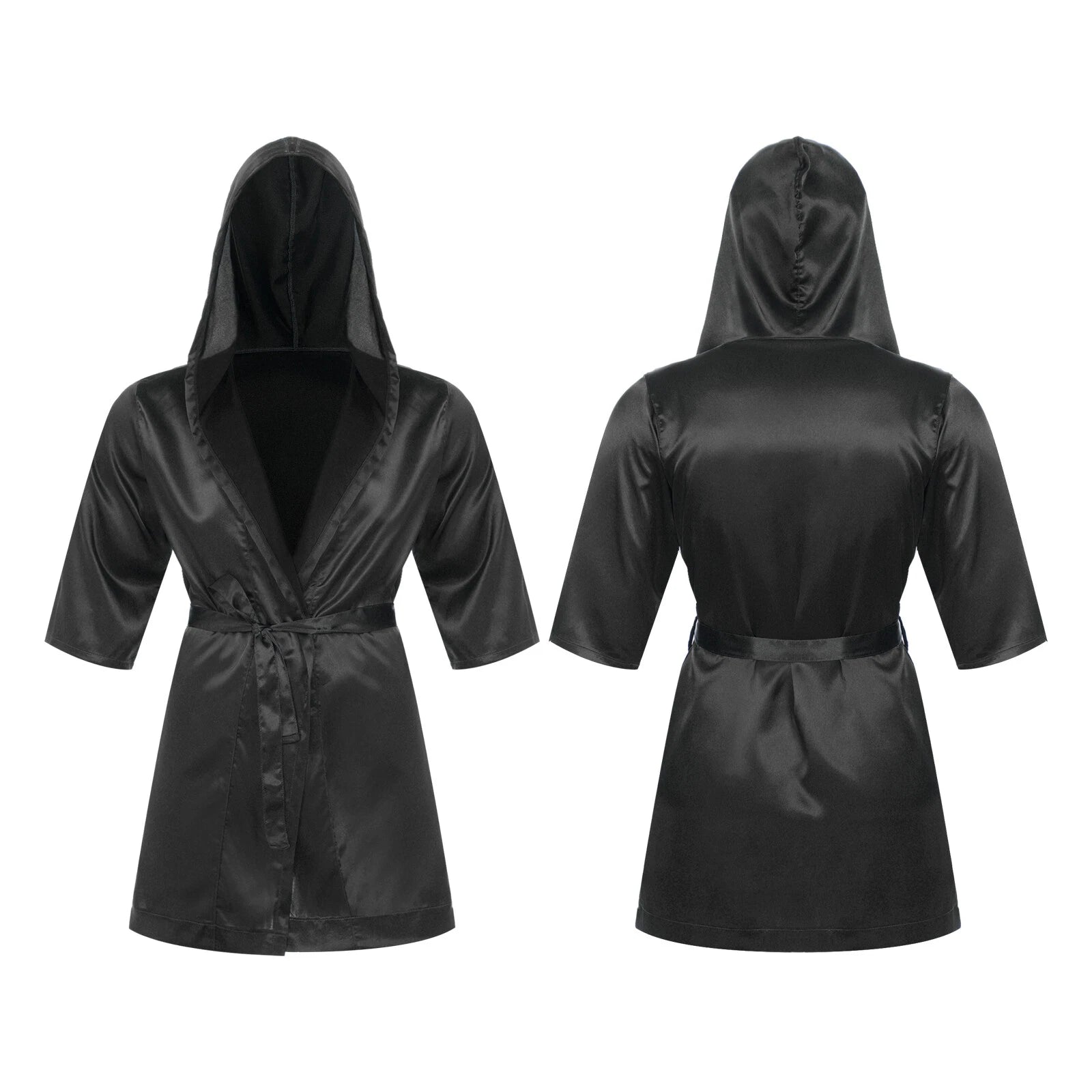 Men's Silk Satin Pajamas Hooded Bathrobe with Belted Set Bath Robe Sleepwear