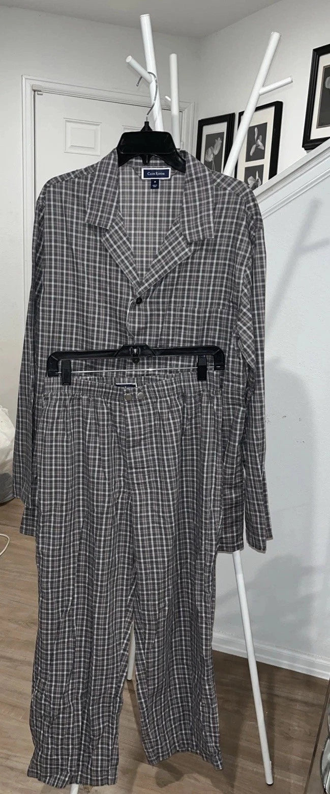 Club Room  Men’s Med Sleepwear, Gray Plaid Cotton Pajamas