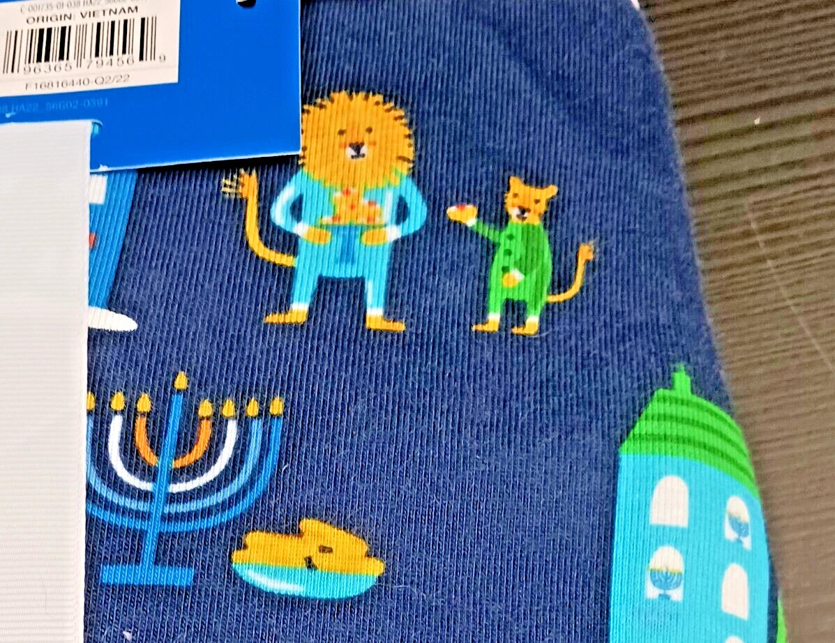 Hanukkah Menorah Men’s XL Blue  Pajama Set Dreidel Lion Jewish 100% Cotton NWT