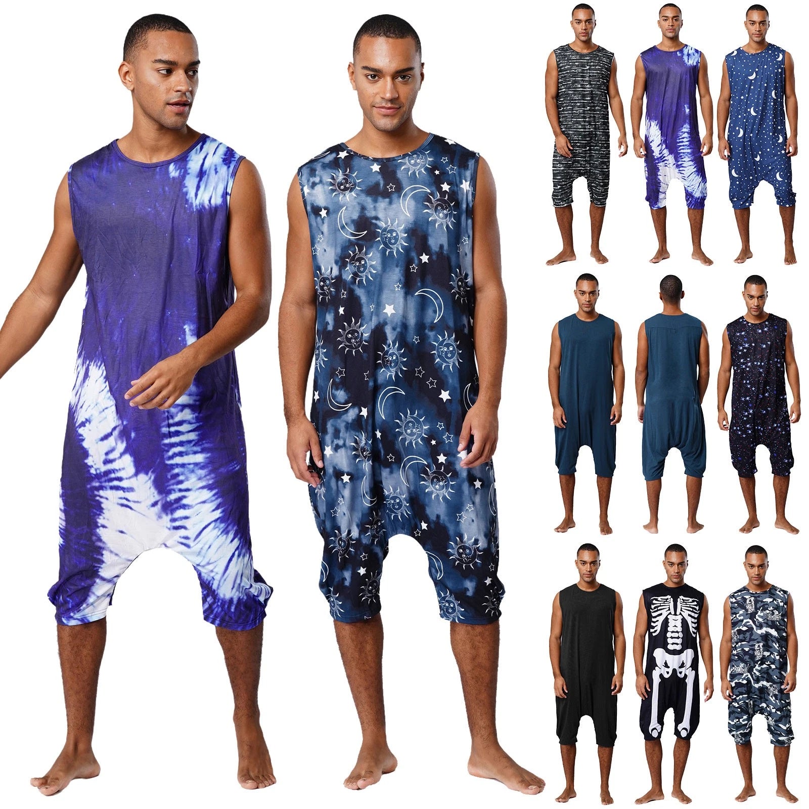 Men's Loose Romper Pajamas Jumpsuit Sleepwear Zipper Crotch One Piece Bodysuit