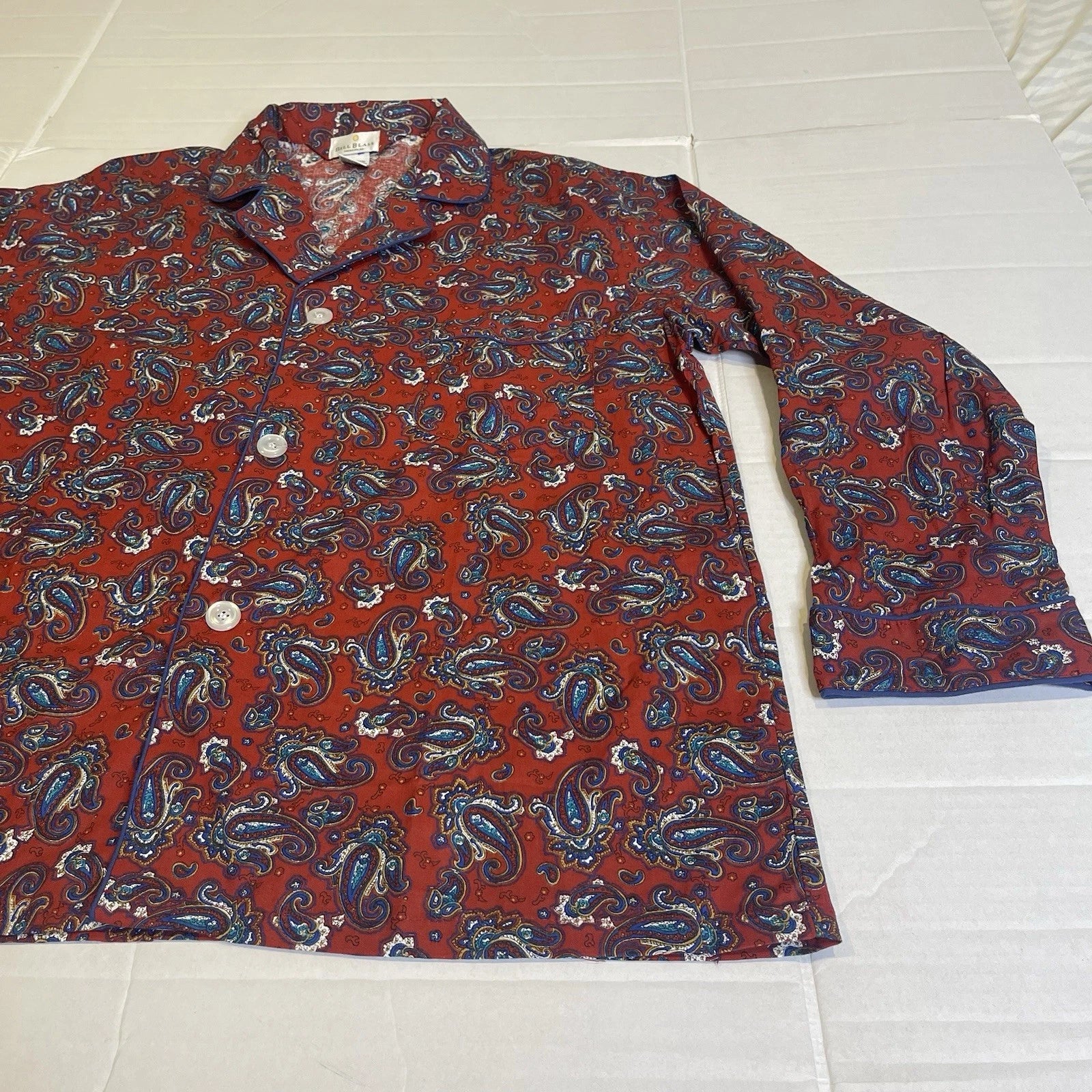 Bill Blass Men’s Pajama Set 2 Piece Paisley Print Blue Red Large 100% Cotton
