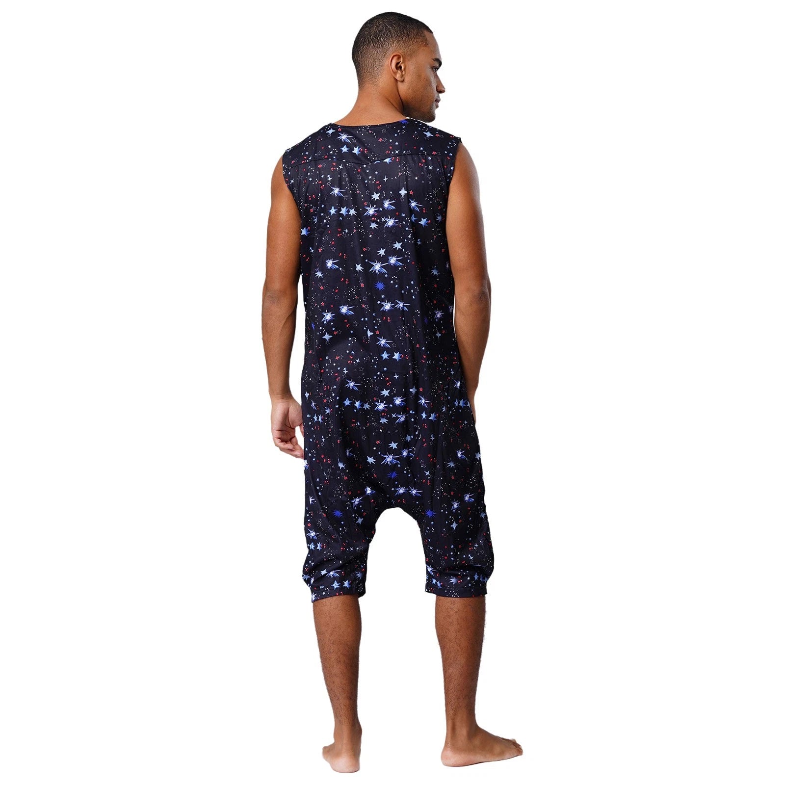 Men's Loose Romper Pajamas Jumpsuit Sleepwear Zipper Crotch One Piece Bodysuit