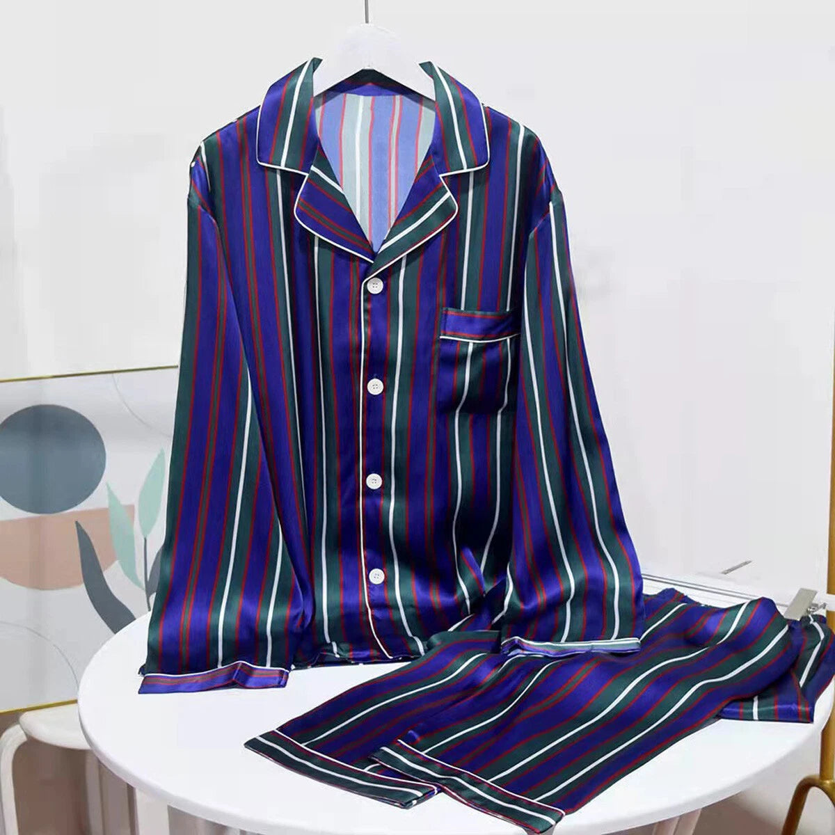 Men's 100% Mulberry Silk Striped Pajamas Set Long Sleeves Silk Sleepwear S M L