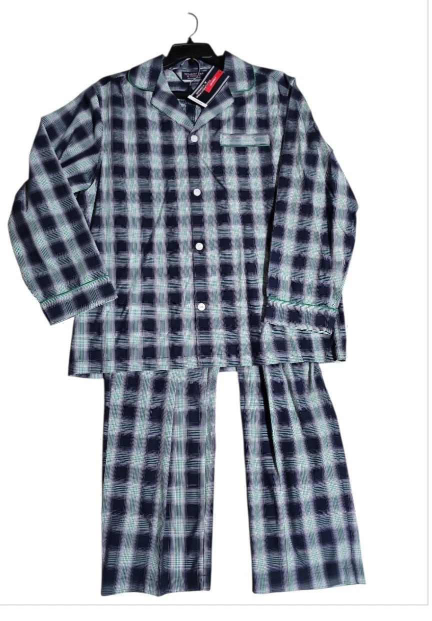 NWT Size L Roundtree & Yorke 2 PC Long Sleeve Pajamas Blue Check All Cotton/FM
