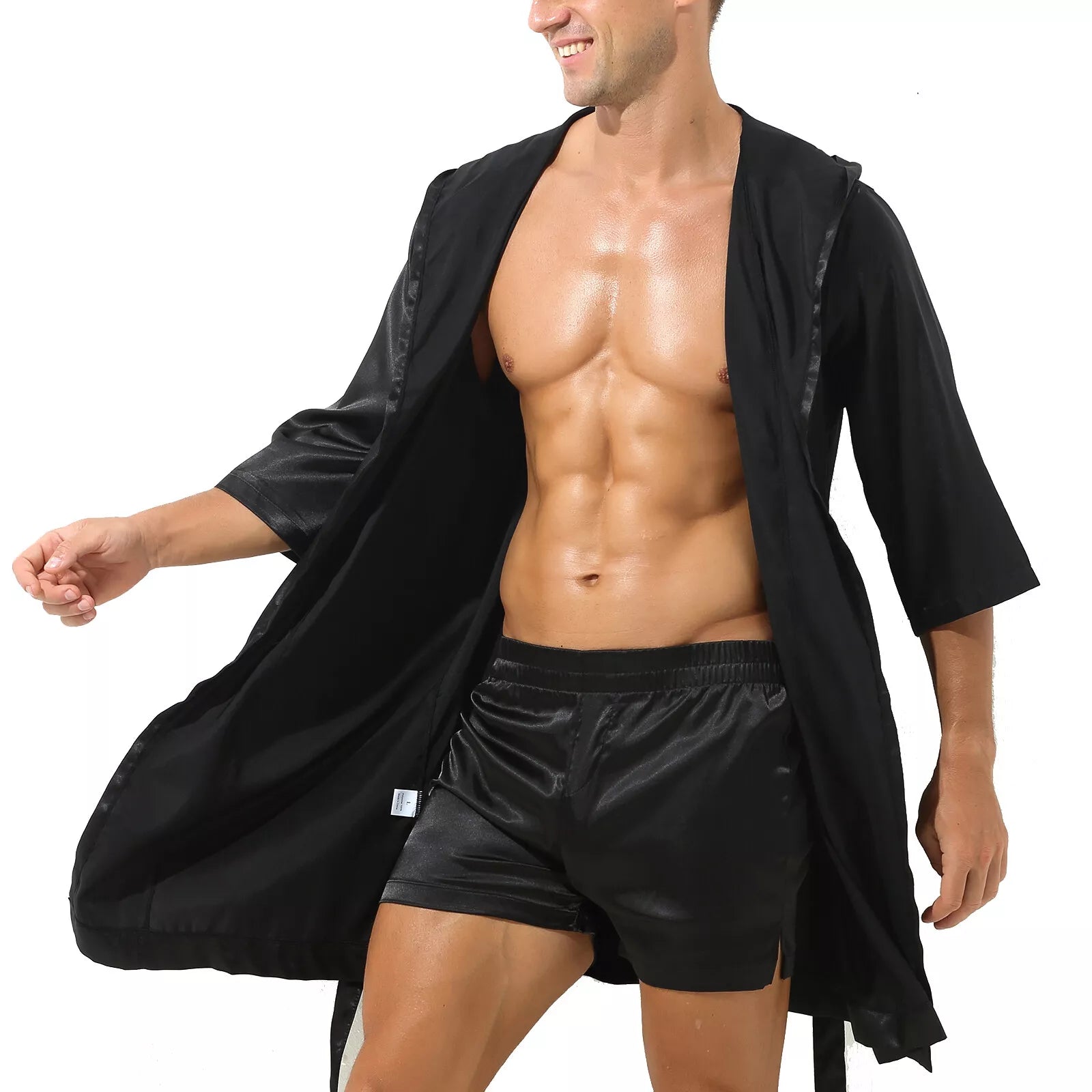 Mens Robes Silky Satin Hooded Bathrobe Luxurious Pyjama Set Nightgowns Sleepwear