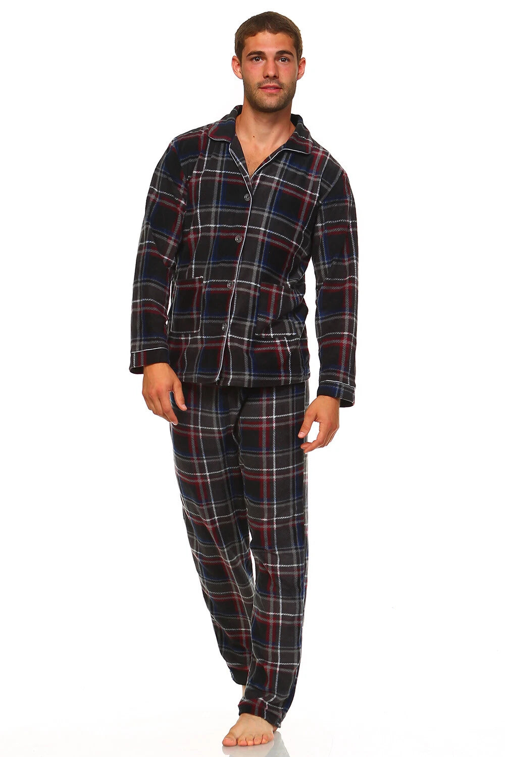 Men's Long Sleeve Pajama Lounge Set Comfortable PJ's Soft Fleece Plaid Sleepwear