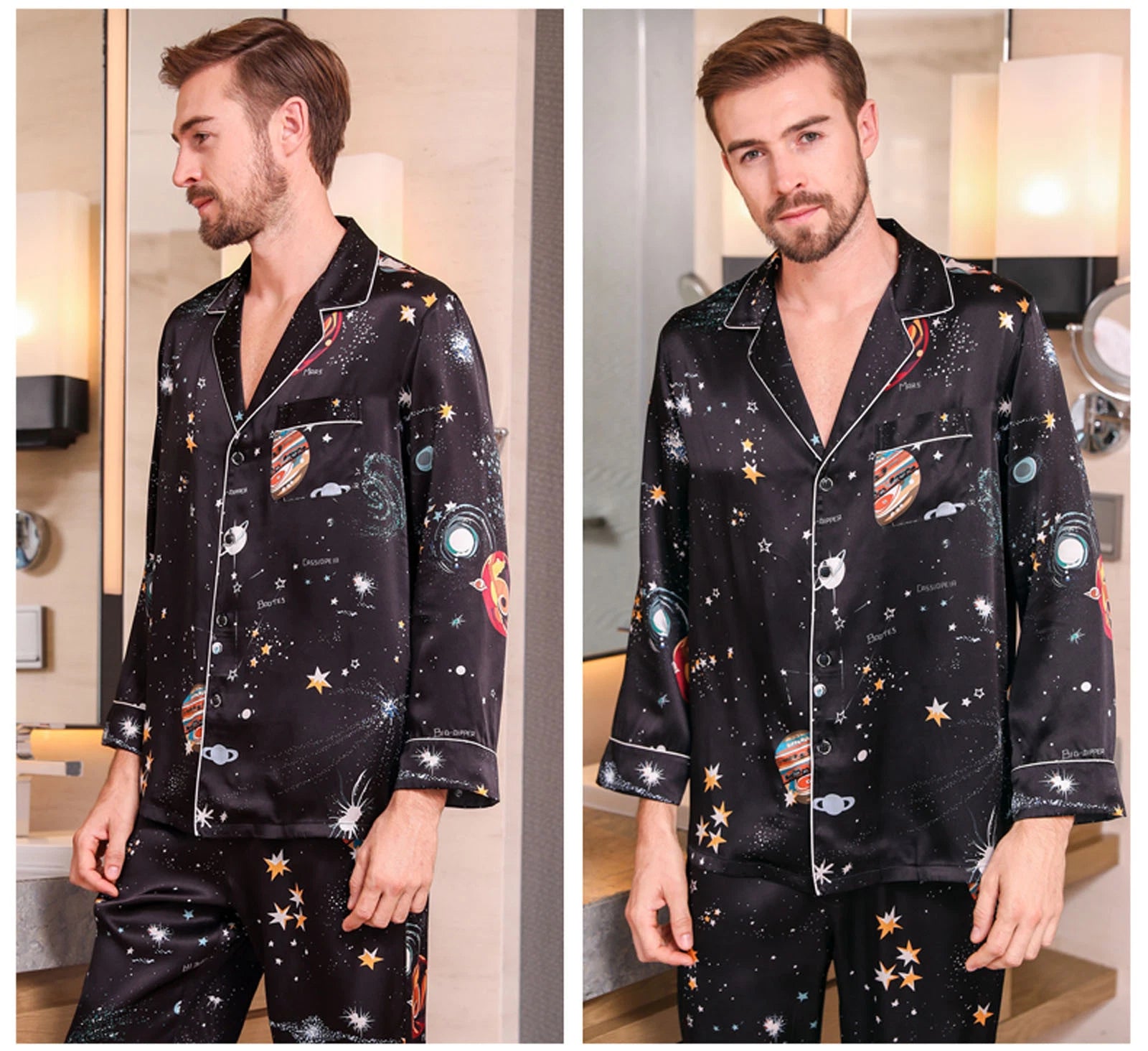 Men's 100% Pure Mulberry Silk Pajamas Set Print Silk Sleepwear Black