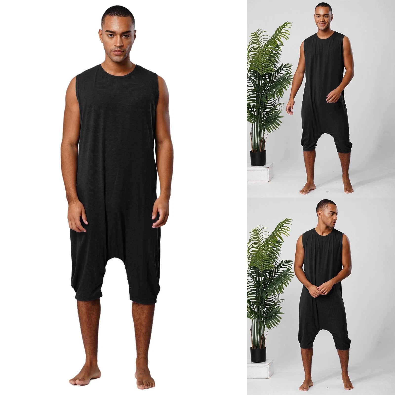Men's Loose Romper Pajamas Jumpsuit Sleepwear Zipper Crotch One Piece Bodysuit