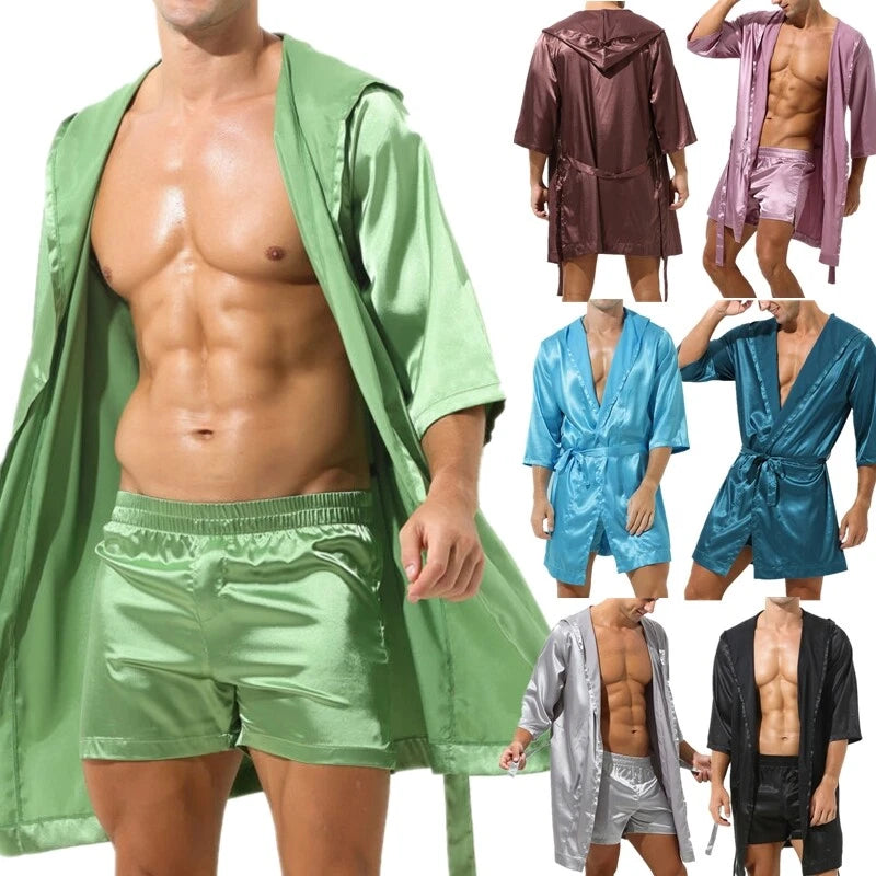 Mens Robes Silky Satin Hooded Bathrobe Luxurious Pyjama Set Nightgowns Sleepwear