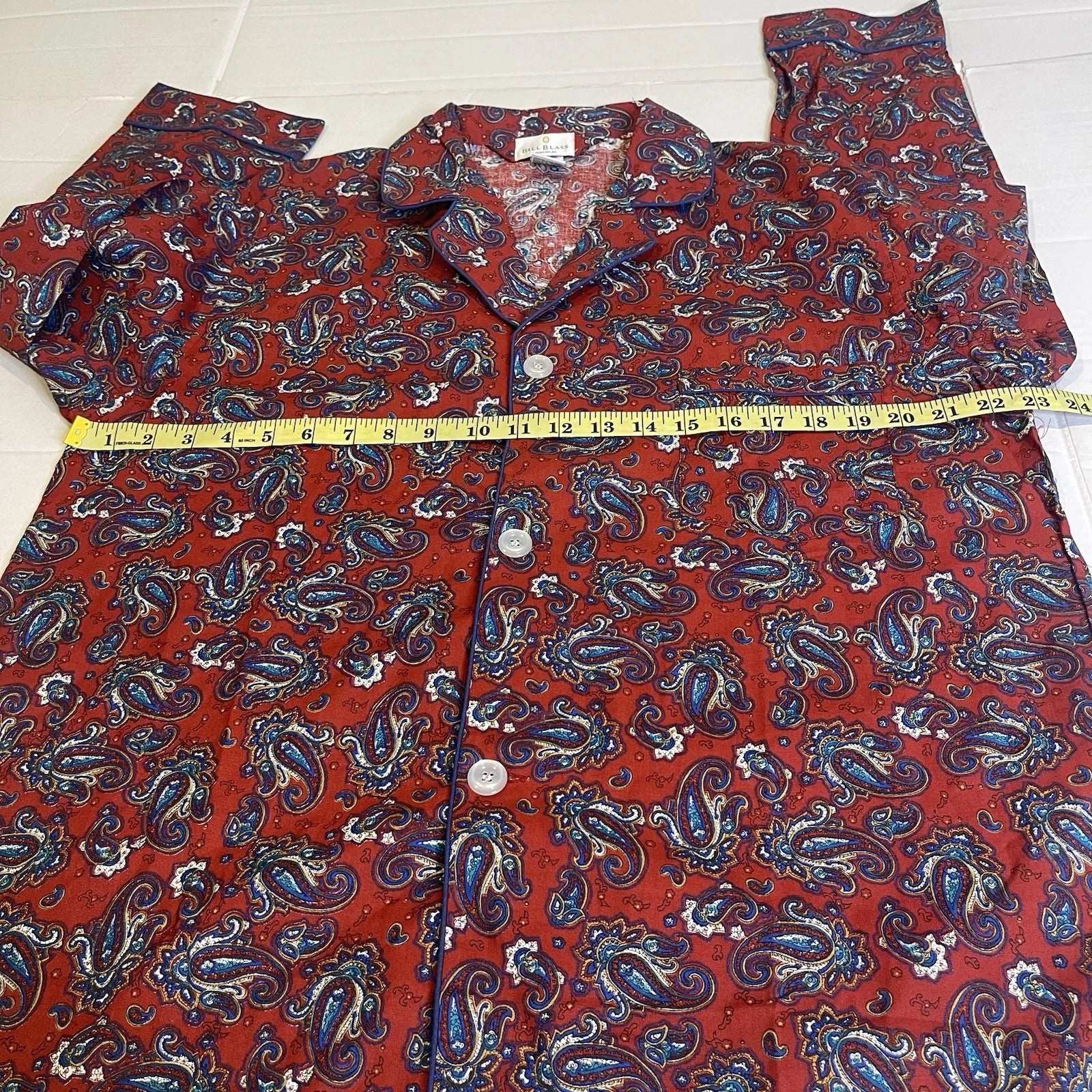 Bill Blass Men’s Pajama Set 2 Piece Paisley Print Blue Red Large 100% Cotton