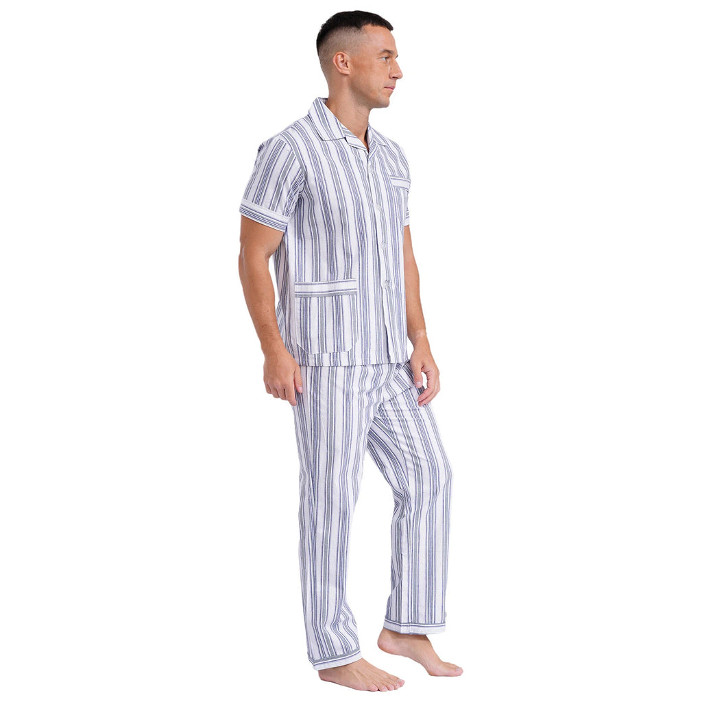 Mens Pajama Set Button Down Sleepwear Shirt Homewear Striped Nightgown Pockets