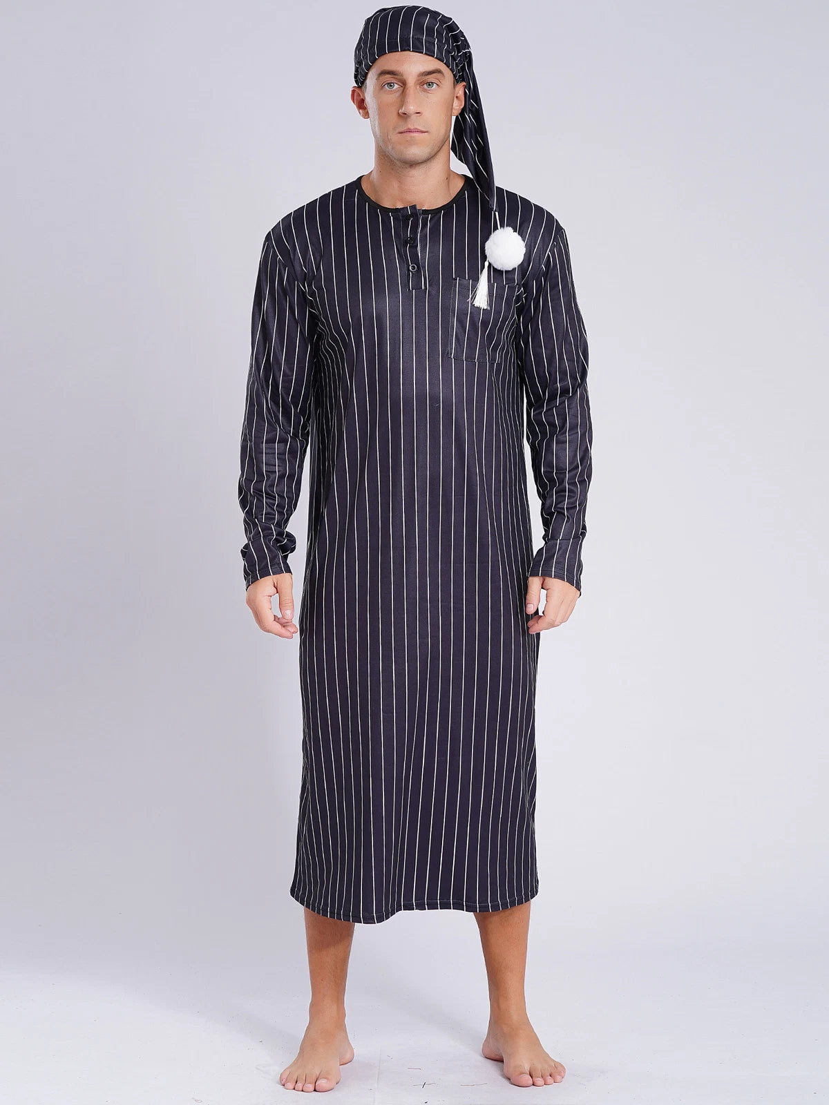 Men's Sissy Nightwear Loose Striped Robe Long Sleeve Nightshirt Cap Pajama Sets