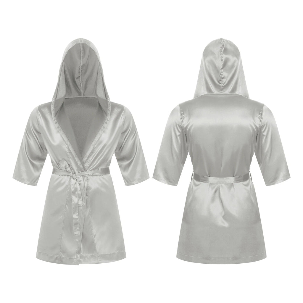 Men's Silk Satin Pajamas Hooded Bathrobe with Belted Set Bath Robe Sleepwear