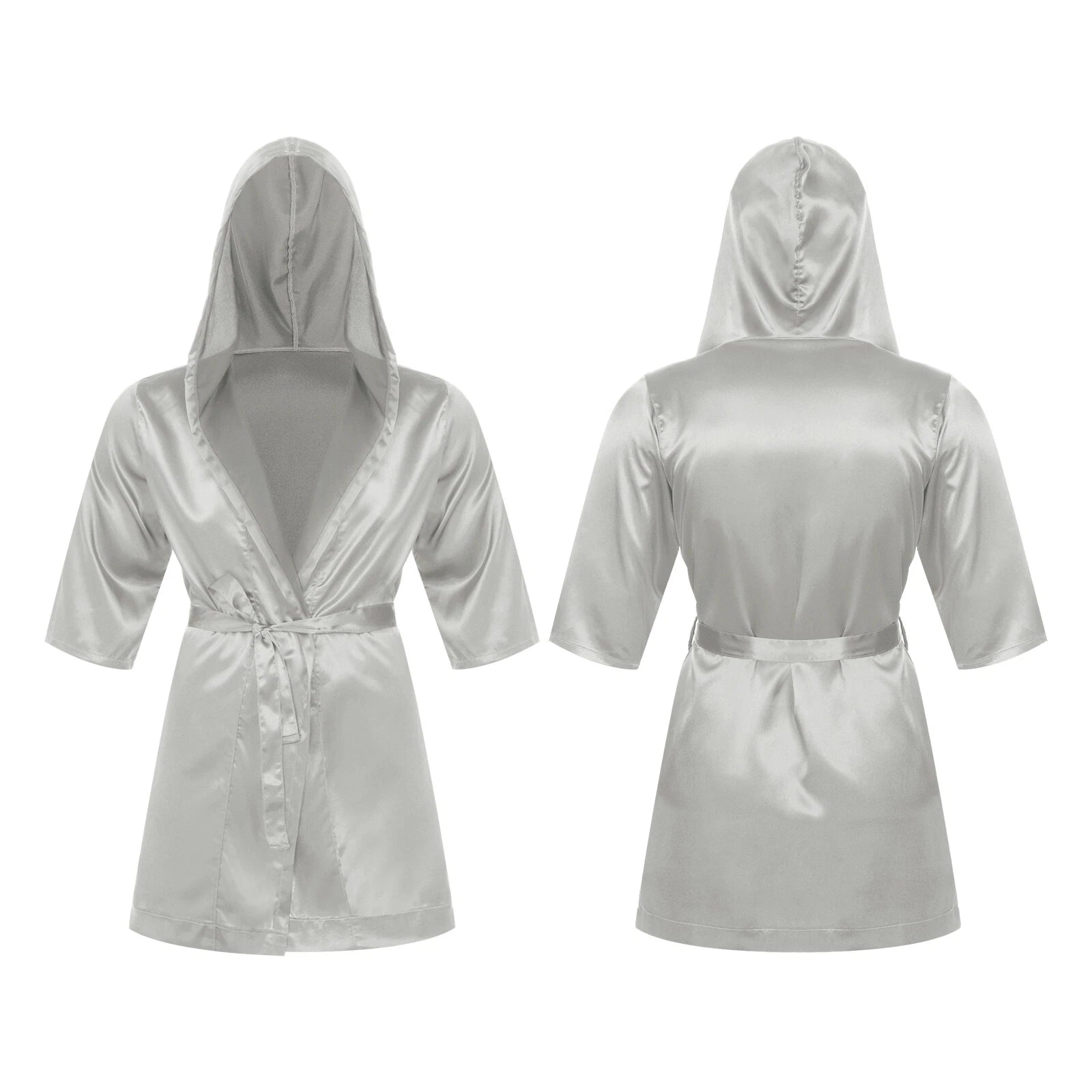Men's Silk Satin Pajamas Hooded Bathrobe with Belted Set Bath Robe Sleepwear