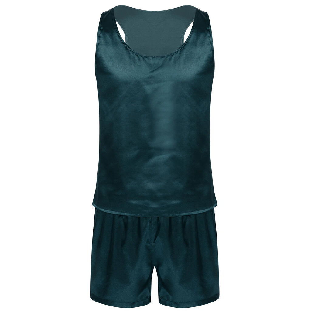 Mens Satin Pajamas Set Lounge Shorts Tank Top Silk Shirt Sleepwear Nightwear