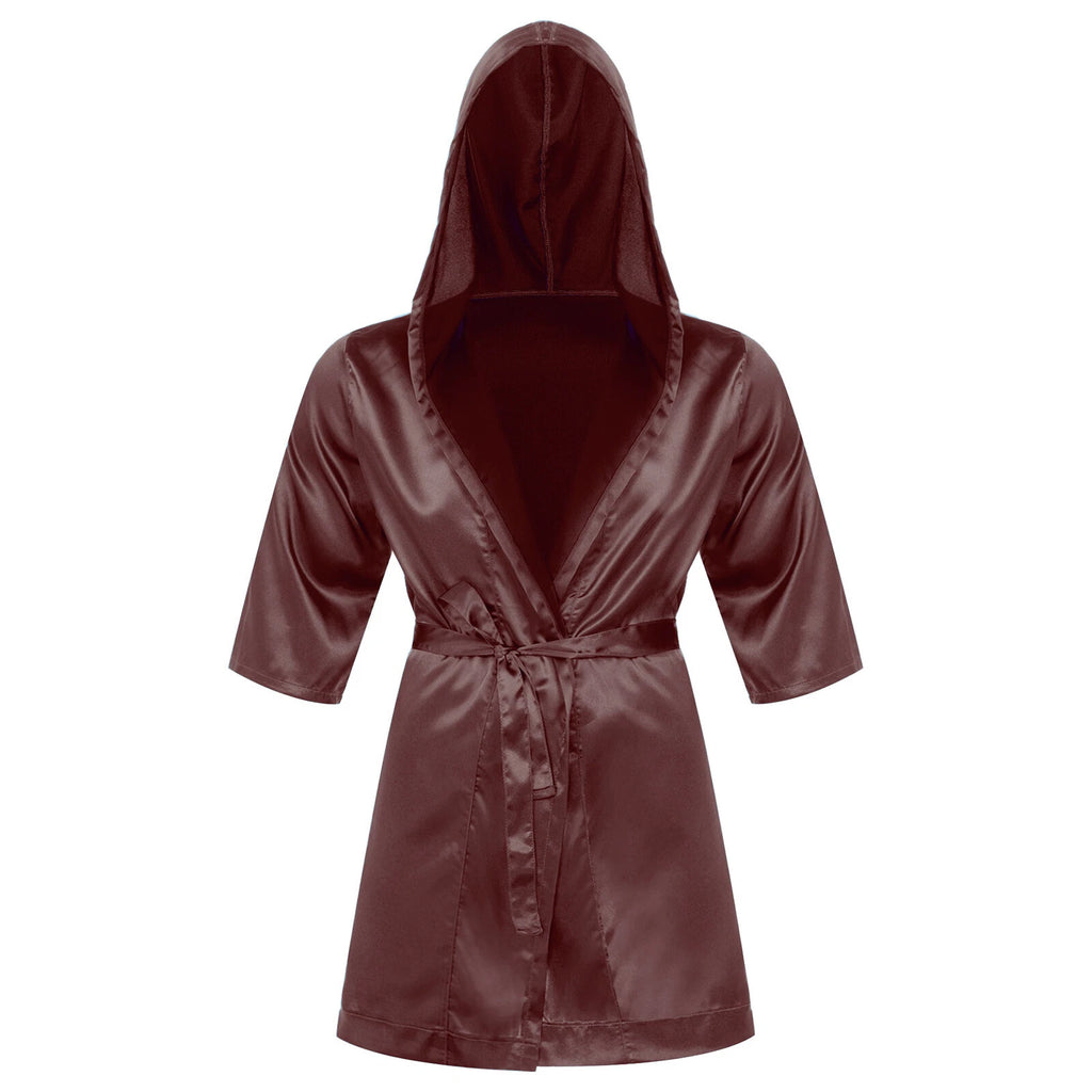 Men's Silk Satin Pajamas Hooded Bathrobe with Belted Set Bath Robe Sleepwear