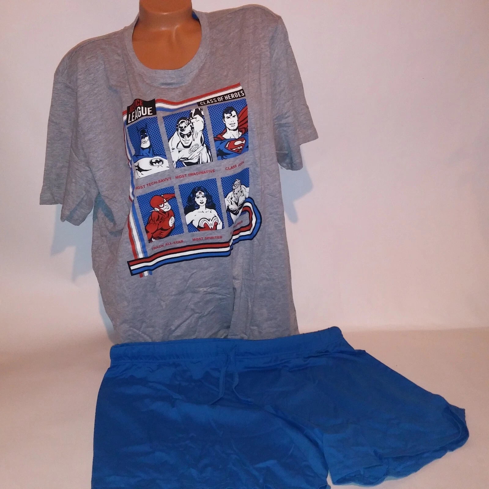 Justice League Pajama Set Top & Bottom Mens Blue Gray Graphic Tee Short Sleeve