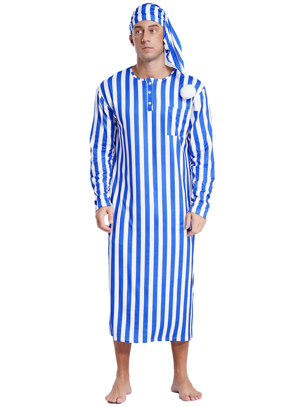 Men's Sissy Nightwear Loose Striped Robe Long Sleeve Nightshirt Cap Pajama Sets