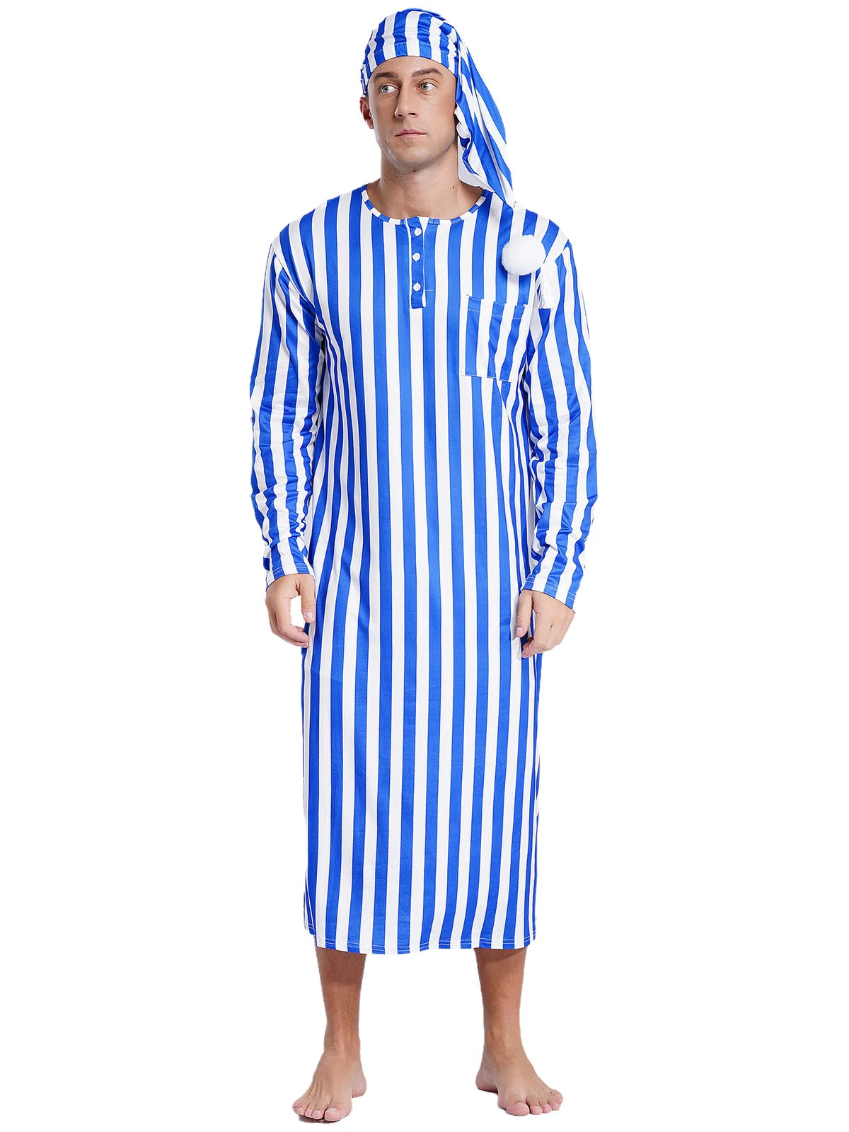 Men's Sissy Nightwear Loose Striped Robe Long Sleeve Nightshirt Cap Pajama Sets