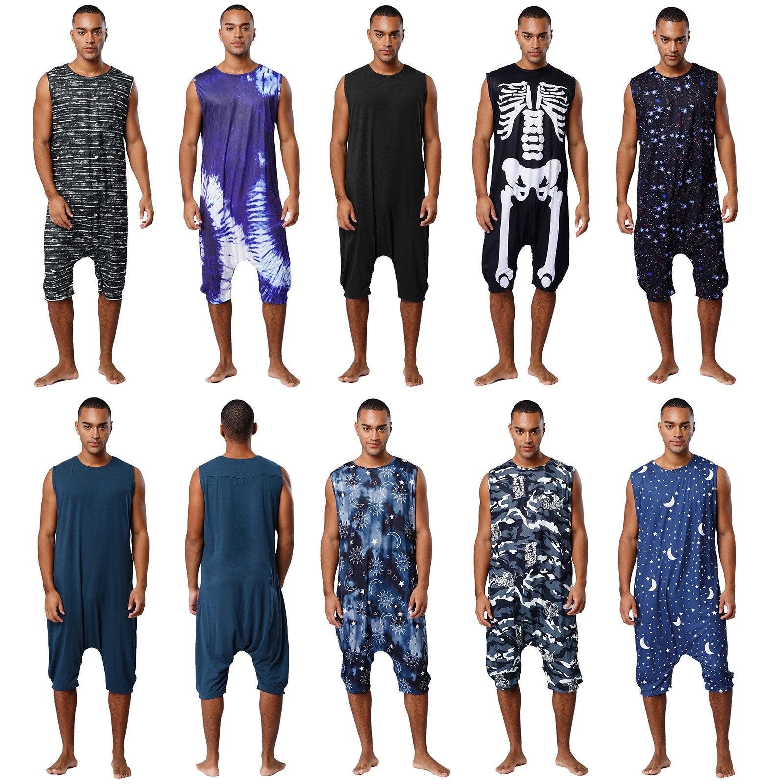 Men's Loose Romper Pajamas Jumpsuit Sleepwear Zipper Crotch One Piece Bodysuit