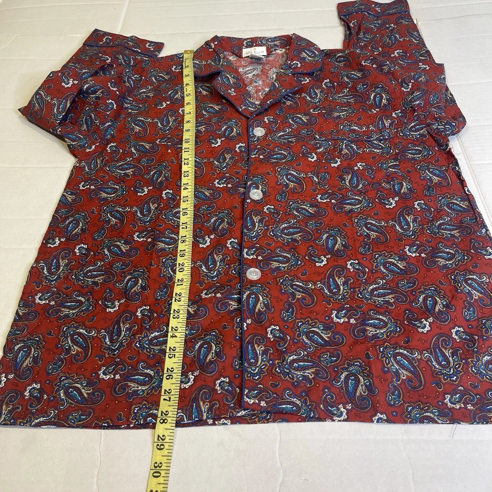 Bill Blass Men’s Pajama Set 2 Piece Paisley Print Blue Red Large 100% Cotton