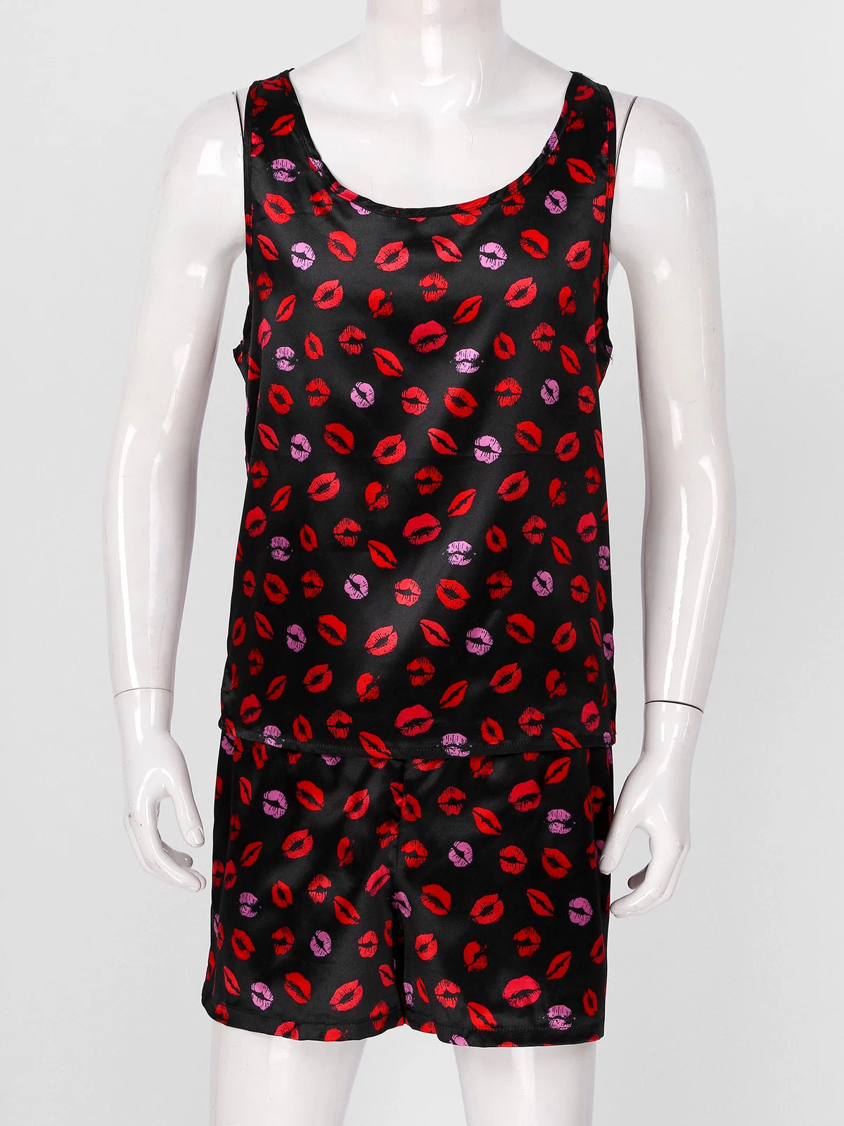 Mens Satin Pajamas Set Sleeveless Tank Top with Shorts Sleepwear Nightwear