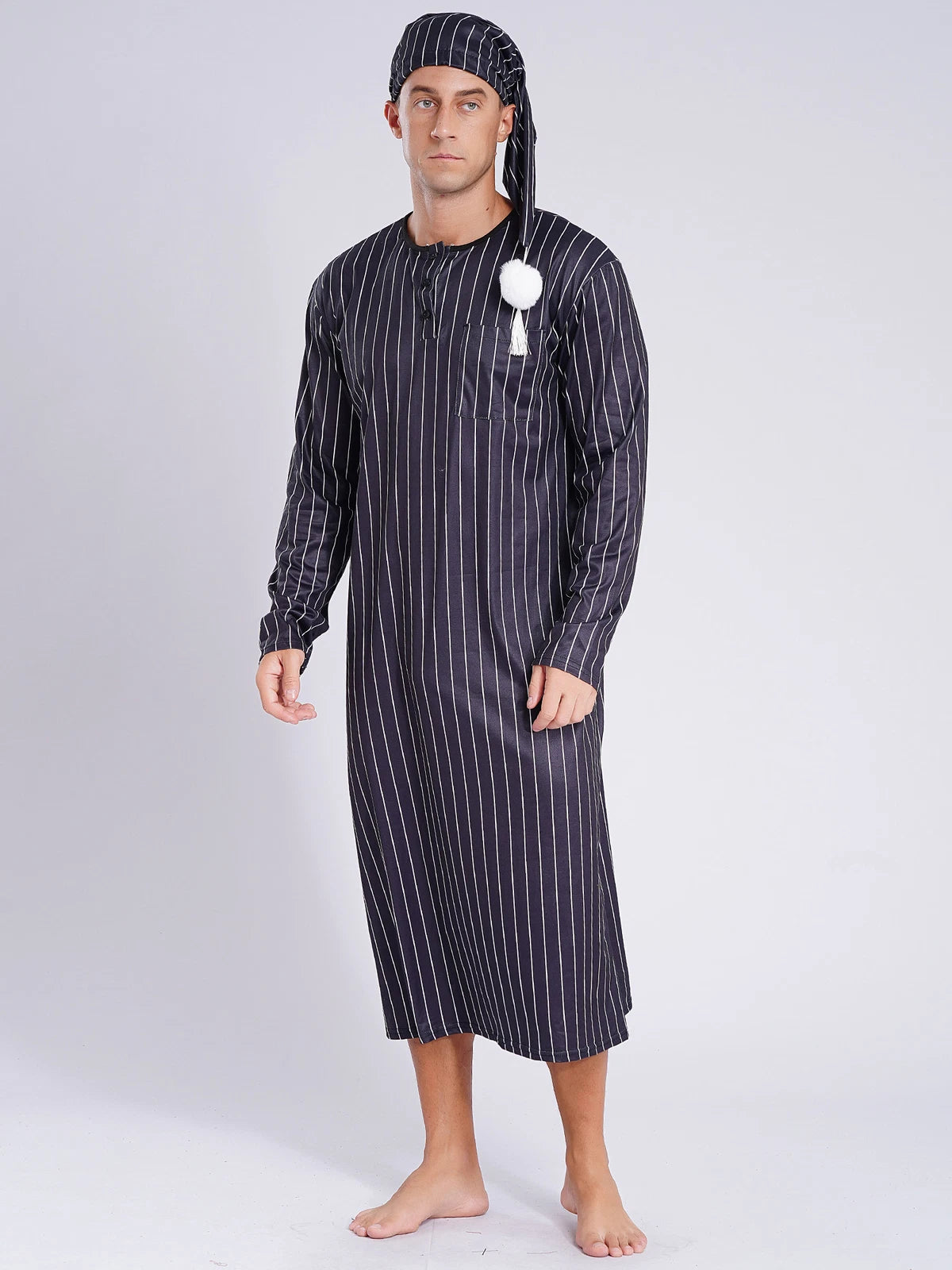 Men's Sissy Nightwear Loose Striped Robe Long Sleeve Nightshirt Cap Pajama Sets