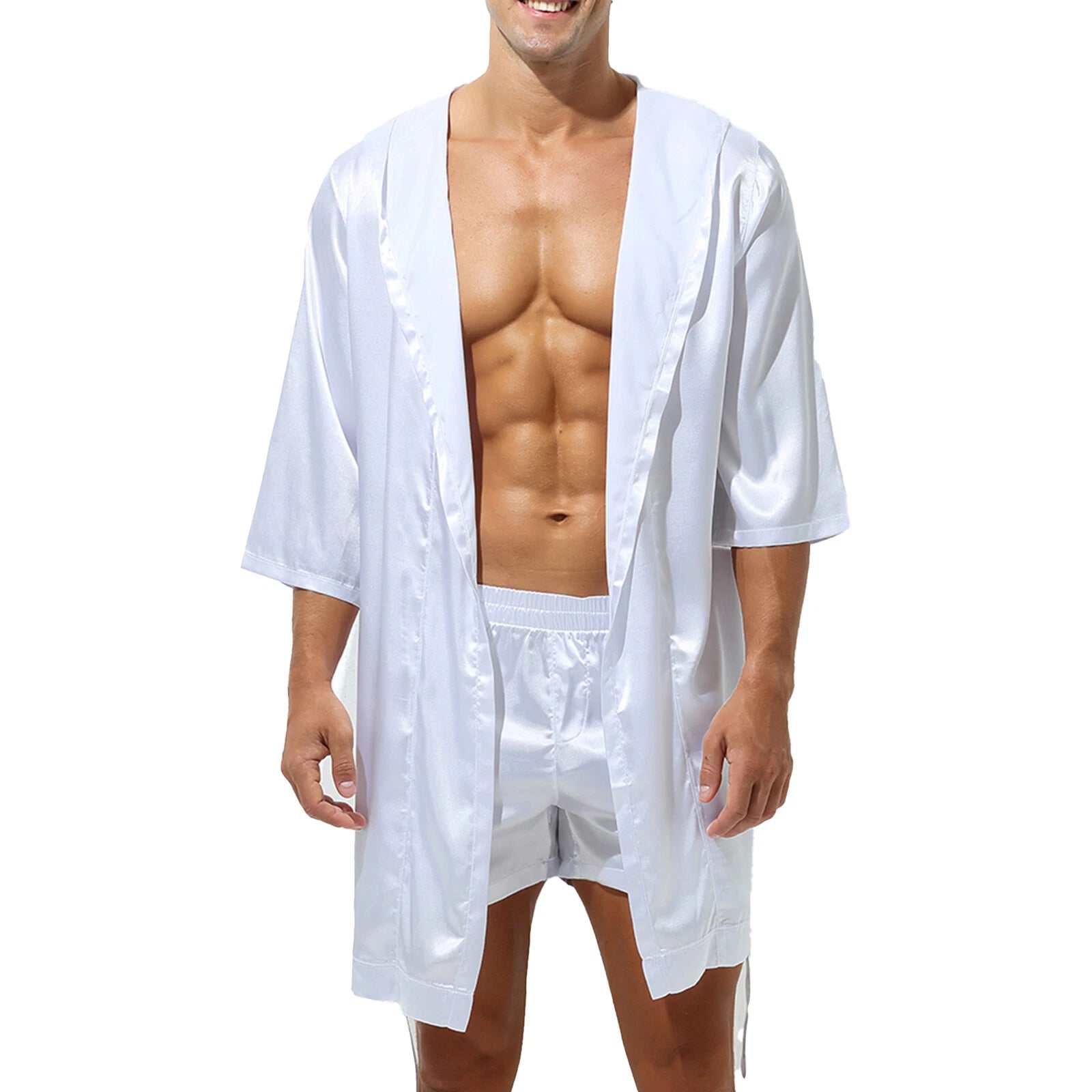 Mens Robes Silky Satin Hooded Bathrobe Luxurious Pyjama Set Nightgowns Sleepwear