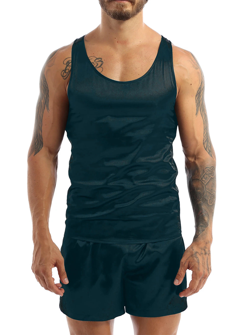 Mens Satin Pajamas Set Lounge Shorts Tank Top Silk Shirt Sleepwear Nightwear