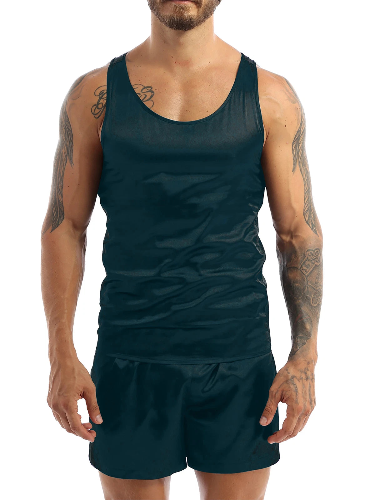 Mens Satin Pajamas Set Lounge Shorts Tank Top Silk Shirt Sleepwear Nightwear