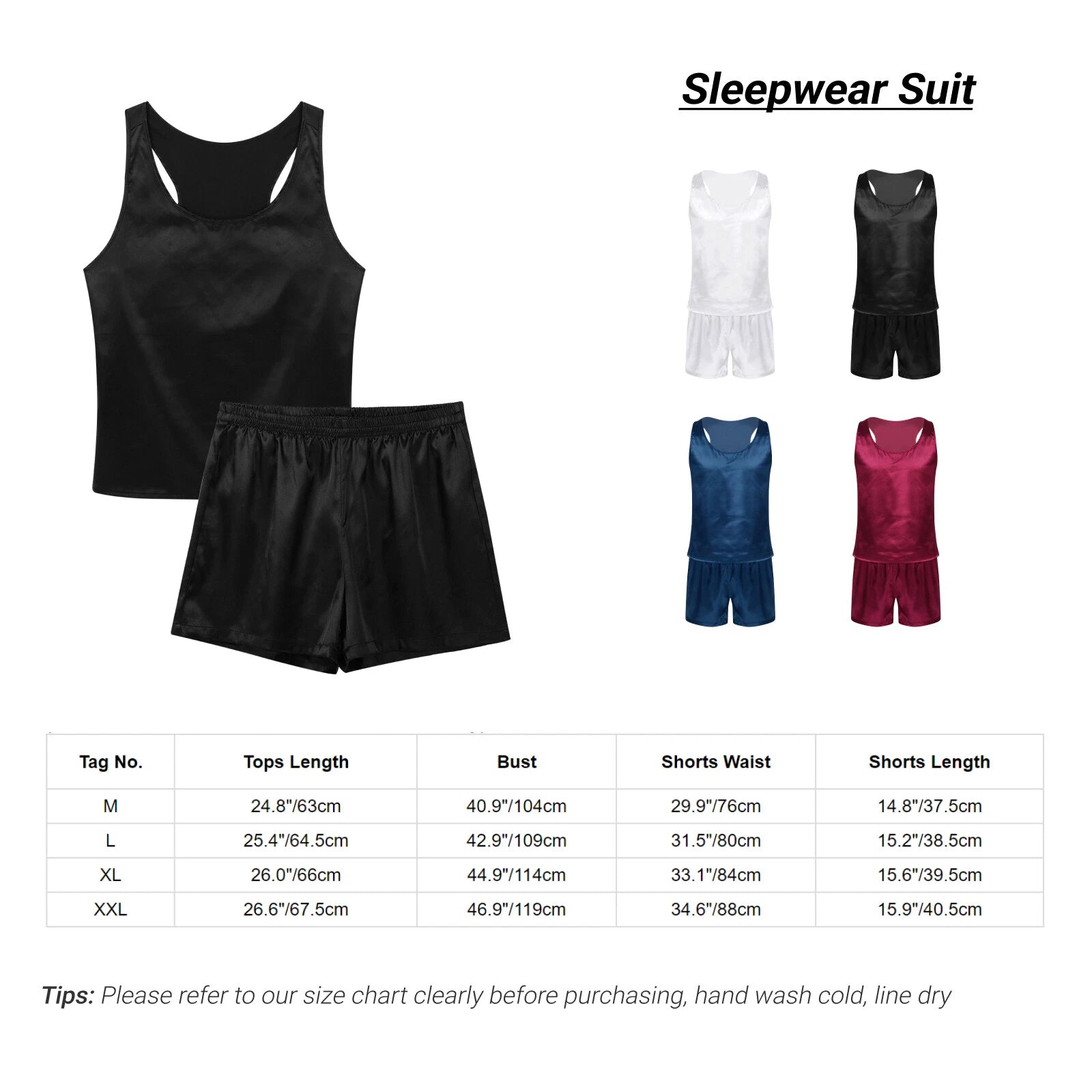 Mens Satin Pajamas Set Lounge Shorts Tank Top Silk Shirt Sleepwear Nightwear