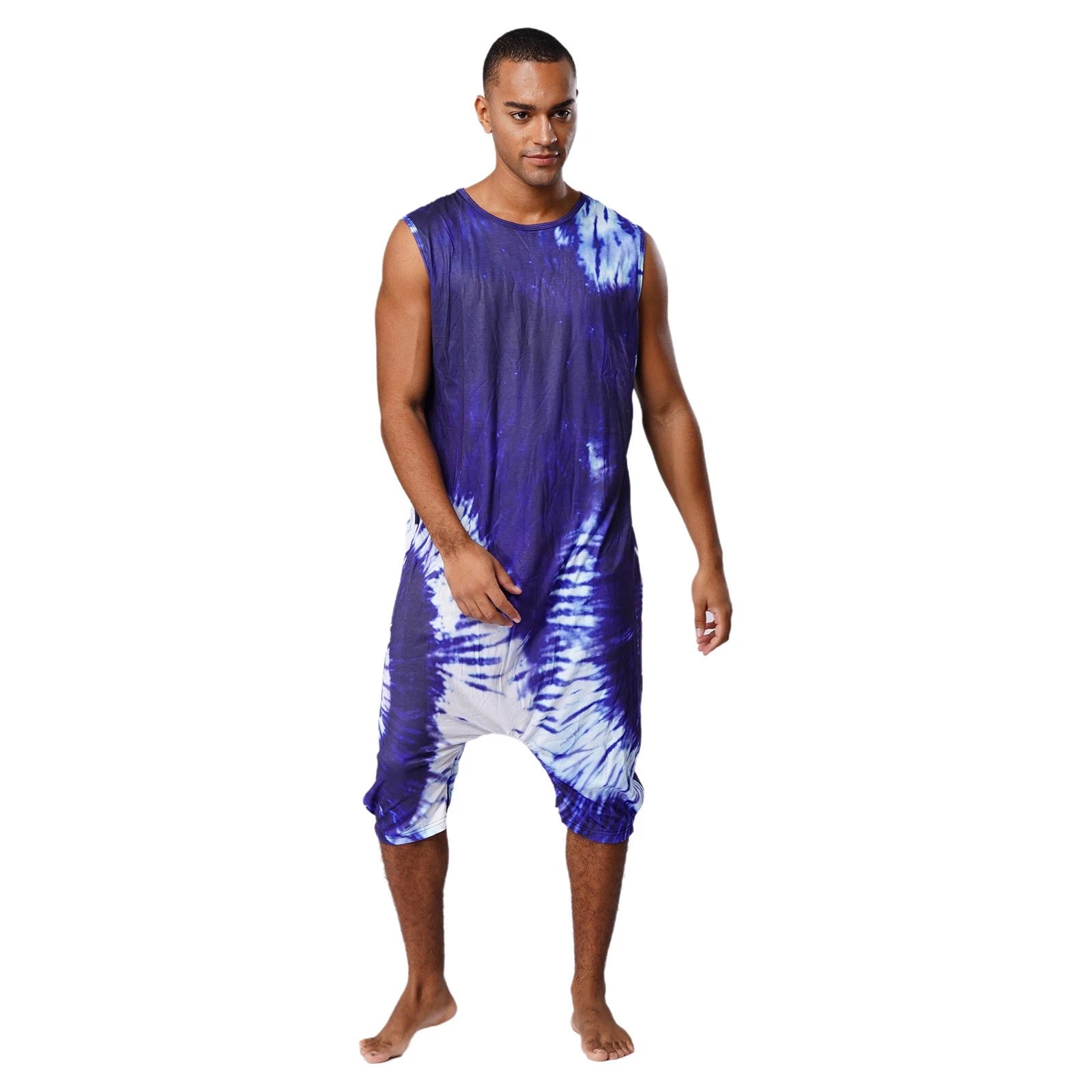 Men's Loose Romper Pajamas Jumpsuit Sleepwear Zipper Crotch One Piece Bodysuit